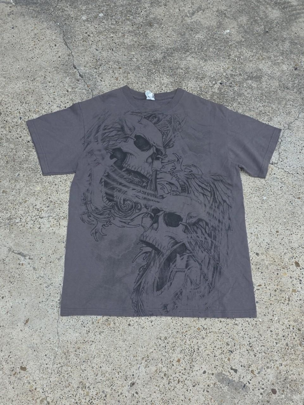 Y2k Gray Skull Angel Wings Graphic Tattoo Tee 2008 Biker Punk Size Medium